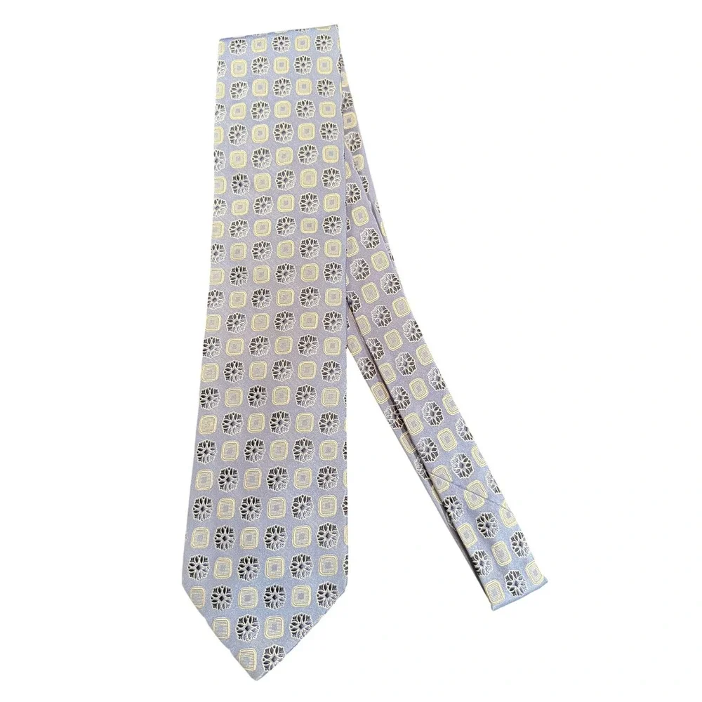 Ermenegildo Zegna 100% Silk Necktie Blue/White Geometric Pattern Made in Italy